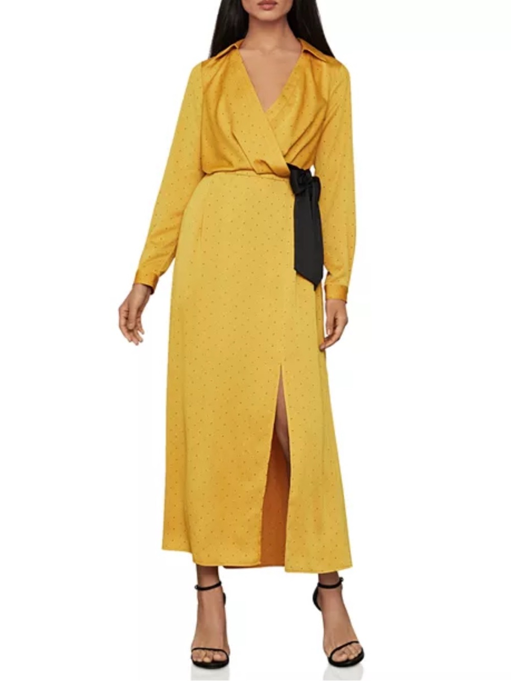 NEW BCBGMAXAZRIA Polka Dot Sash Maxi Shirt Dress in Mustard Color Womens Size S